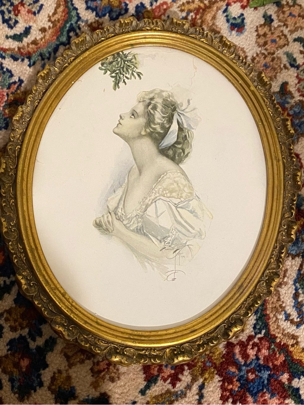 Antique  Harrison Fisher “Under the Mistletoe” Portrait in Ornate Gold Frame